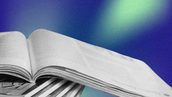 A black-and-white image of magazines overlaid on a blue and green gradient background