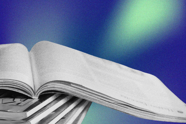 A black-and-white image of magazines overlaid on a blue and green gradient background