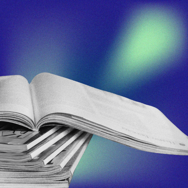 A black-and-white image of magazines overlaid on a blue and green gradient background