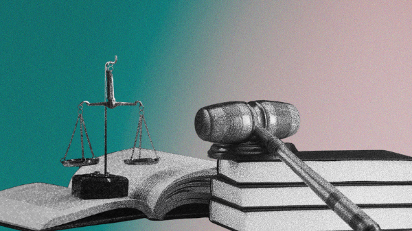 A black-and-white graphic of a gavel and scale on top of books overlaid on a pink and teal gradient background