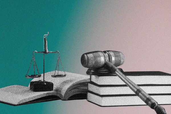 A black-and-white graphic of a gavel and scale on top of books overlaid on a pink and teal gradient background
