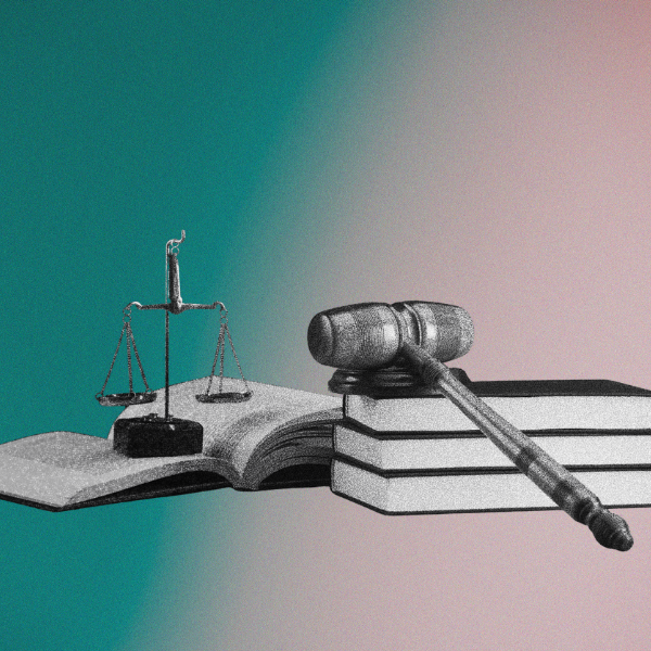 A black-and-white graphic of a gavel and scale on top of books overlaid on a pink and teal gradient background