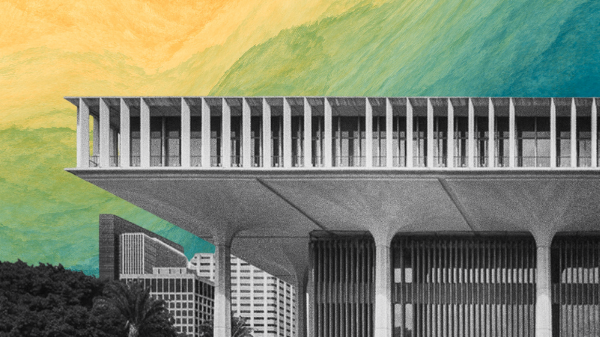 A black-and-white image of the Hawai‘i State Capitol Building overlaid on a watercolor background