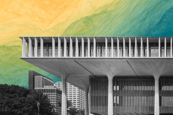 A black-and-white image of the Hawai‘i State Capitol Building overlaid on a watercolor background