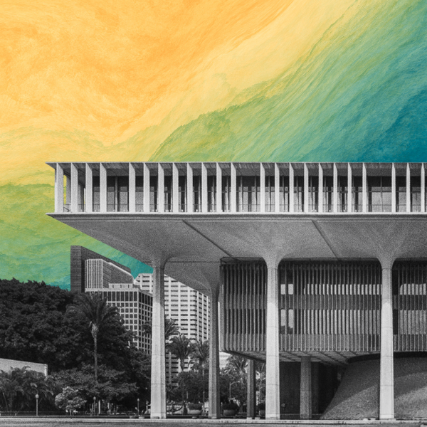 A black-and-white image of the Hawai‘i State Capitol Building overlaid on a watercolor background
