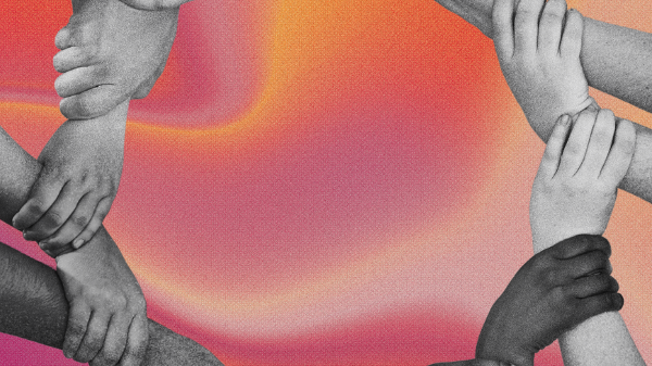 A black-and-white image of hands supporting one another overlaid on a pink and orange gradient background