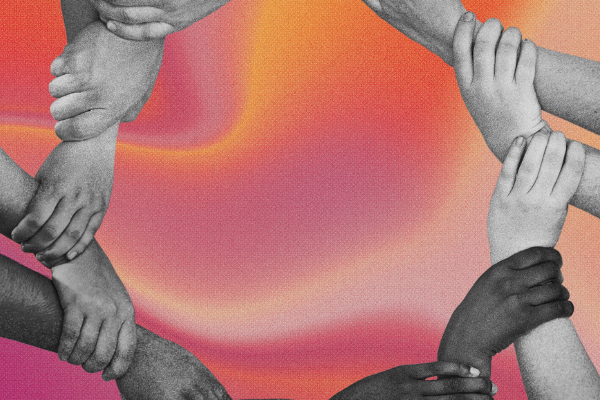 A black-and-white image of hands supporting one another overlaid on a pink and orange gradient background