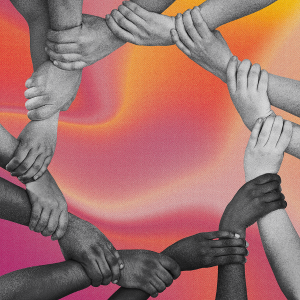 A black-and-white image of hands supporting one another overlaid on a pink and orange gradient background