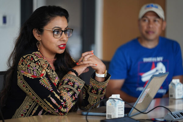 Salmah Rizvi, Executive Director and CEO, left, and Sergio Alcubilla, Director of Community Engagement at the ACLU of Hawaiʻi, are photographed Wednesday, Nov. 12, 2025, during an ed board meeting at Civil Beat in Honolulu. (Kevin Fujii/Civil Beat/2025)