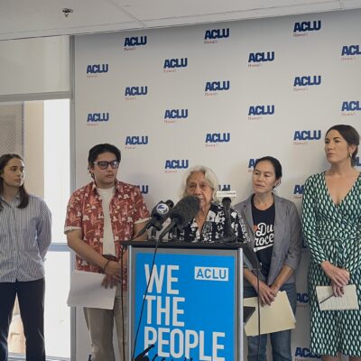 Dr. Amy Agbayani of The Legal Clinic shares a statement at the ACLU-HI Press Conference on January 12, 2026.