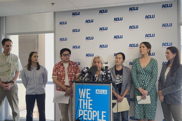 Dr. Amy Agbayani of The Legal Clinic shares a statement at the ACLU-HI Press Conference on January 12, 2026.