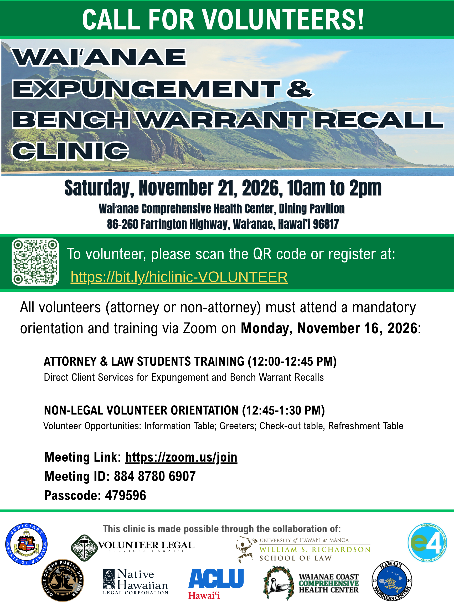 volunteer attorneys. Waianae.Expungement&BWRecall.Clinic.VOLUNTEER.Flyer
